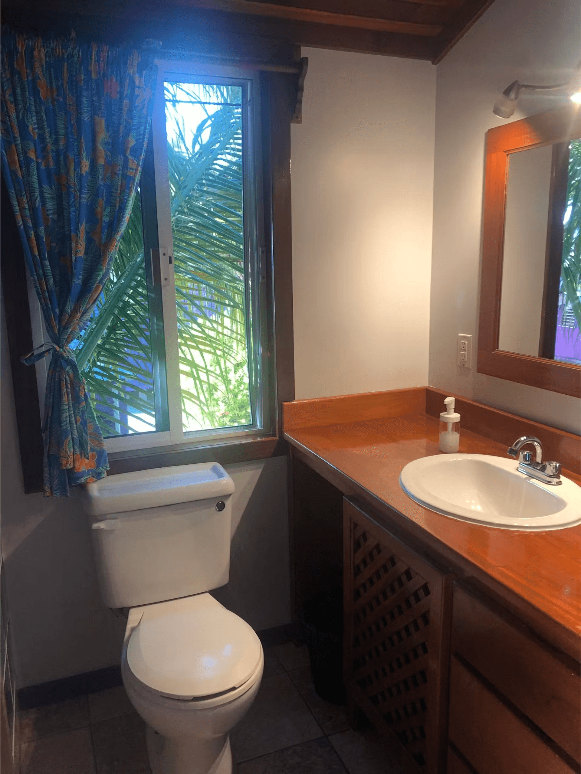 Bathroom with beautiful hardwood vanity, window with curtain above toilet