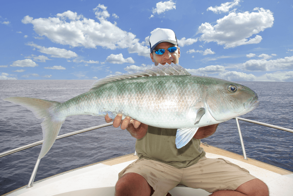 Man on boat with sunglasses, white had holding large white fish