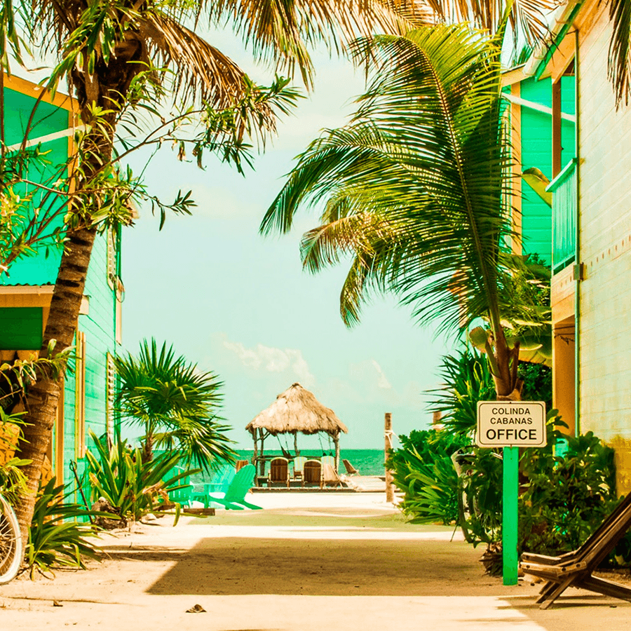 Walkway approching beach with a grass hut near the ocean